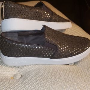 MICHAEL KORS 💫 Loafers Slip Ons Brown & Gold Monogram & Punched Stars Size 7.5